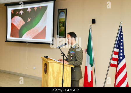 Colonel Umberto D`Andria, Italian Base Commander Caserma Ederle, addresses the audience during the celebration for the Italian Republic Day 2016, June 6, 2016 on Caserma Ederle, Vicenza, Italy. (U.S. Army photo by Visual Information Specialist  Paolo Bovo/released)